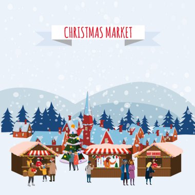 Ayı Noel Fuarı, Pazar kenti antropomorfik ayarla insan kış giyim Mont, ceket, Ayakkabı, terlik, hayvan, kedi, geyik, at, tavşan, tavşan, tilki, elk, kış, kar. Vektör, düz stil
