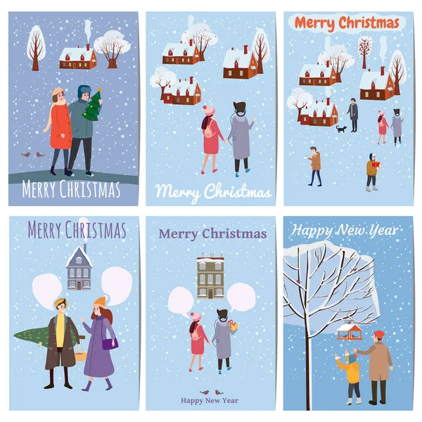 크리스마스 시장 카드 포스터 전단지를 설정 합니다. 큰 크리스마스 판매 겨울 풍경에 재미 있는 만화 평면 캐릭터의 일러스트. 절연된, 벡터 — 스톡 벡터