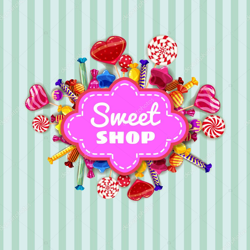 Candy Sweet Shop template set of different colors of candy, candy, sweets, candy, jelly beans. Background, poster, banner, vector, isolated, cartoon style