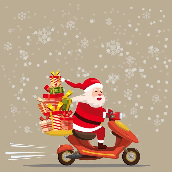 Happy Santa Claus with a gifts box riding a scooter. Christmas holiday theme design element for greeting cards, banners, ads in contemporary cartoon style. Vector lustration — Stock Vector