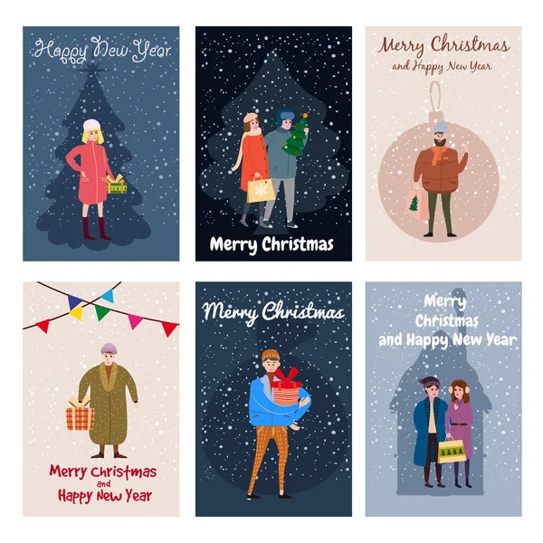 Merry Christmas and Happy New Year, card template with people characters, men and women in winter clothes, trend retro cartoon to style vector, illustration, isolated, banner, template — Stock Vector