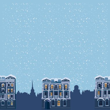 Kış gece manzarası. Siluetleri, eski şehir ve yalnız yoldan geçen bir yerleşim bölgesinde bulunmaktadır. İzole vektör, illüstrasyon,