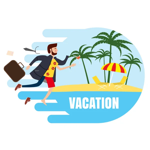 Businessman travels from winter to summer to a tropical resort, for advertising, ads, card, poster, template, cartoon style, greeting card, illustration, vector, banner, isolated — Stock Vector