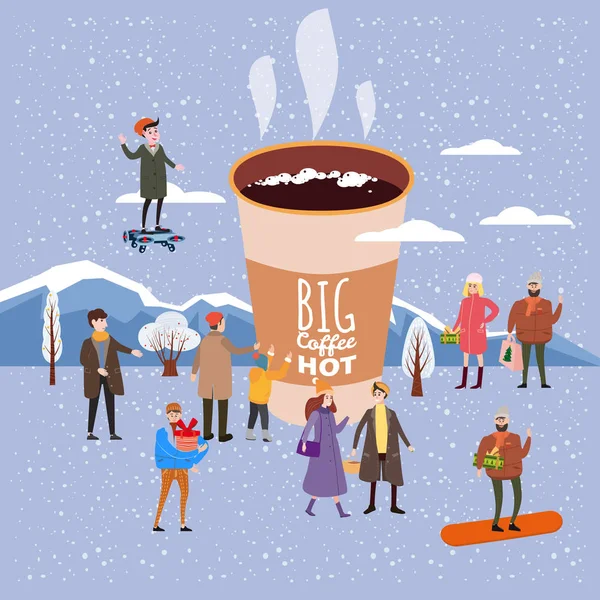 Une grande tasse de café, les gens d'hommes et de femmes en hiver, personnages, dans les vacances de Noël et du Nouvel An, petites maisons, arbres dans la neige, tendance plat vecteur de style dessin animé, illustration, isolé — Image vectorielle