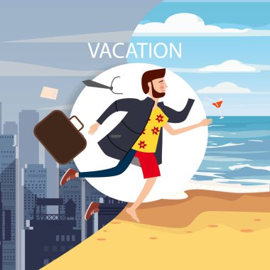 Kış işadamı seyahatleri için yaz, tropikal bir resort, gri kış şehre reklam, ilanları, kart, poster, şablon, karikatür tarzı, tebrik kartı, illüstrasyon, vektör, afiş