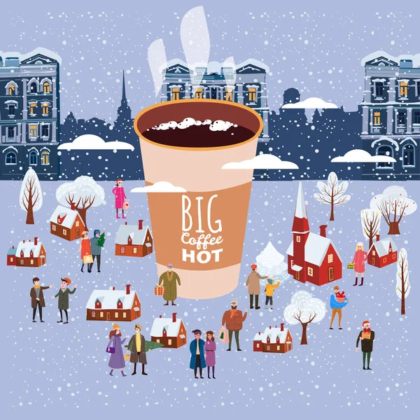 A big cup of coffee, people of men and women in winter, characters, in the Christmas and New Year holiday, small houses, trees in the snow, trend flat cartoon style vector, illustration, isolated — Stock Vector