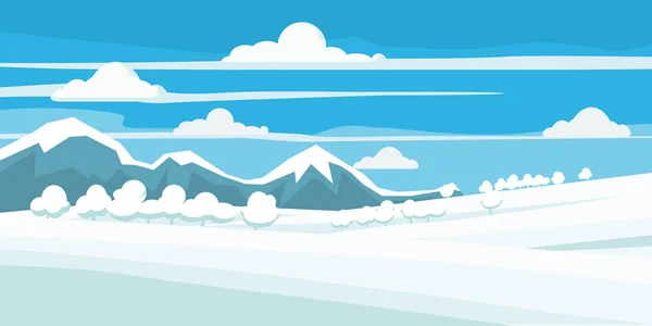 Paysage hivernal, champ dans la neige, montagnes, arbres, style, vecteur, illustration, isolé — Image vectorielle