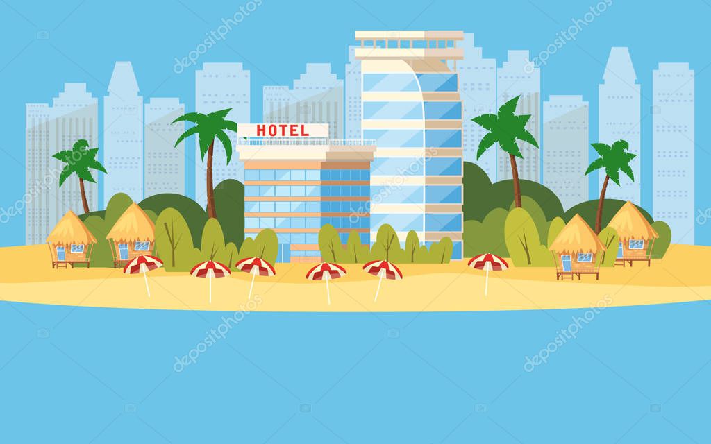 Tropical island, building hotels, vacation, travel, relax seascape ocean beach chair umbrellas