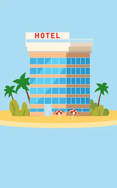 Hotel, vacaciones, viajes, isla tropical, edificio, palmeras, sombrillas de playa, océano, concepto, plantilla, bandera, para publicidad, vector, ilustración, aislado, estilo de dibujos animados — Archivo Imágenes Vectoriales