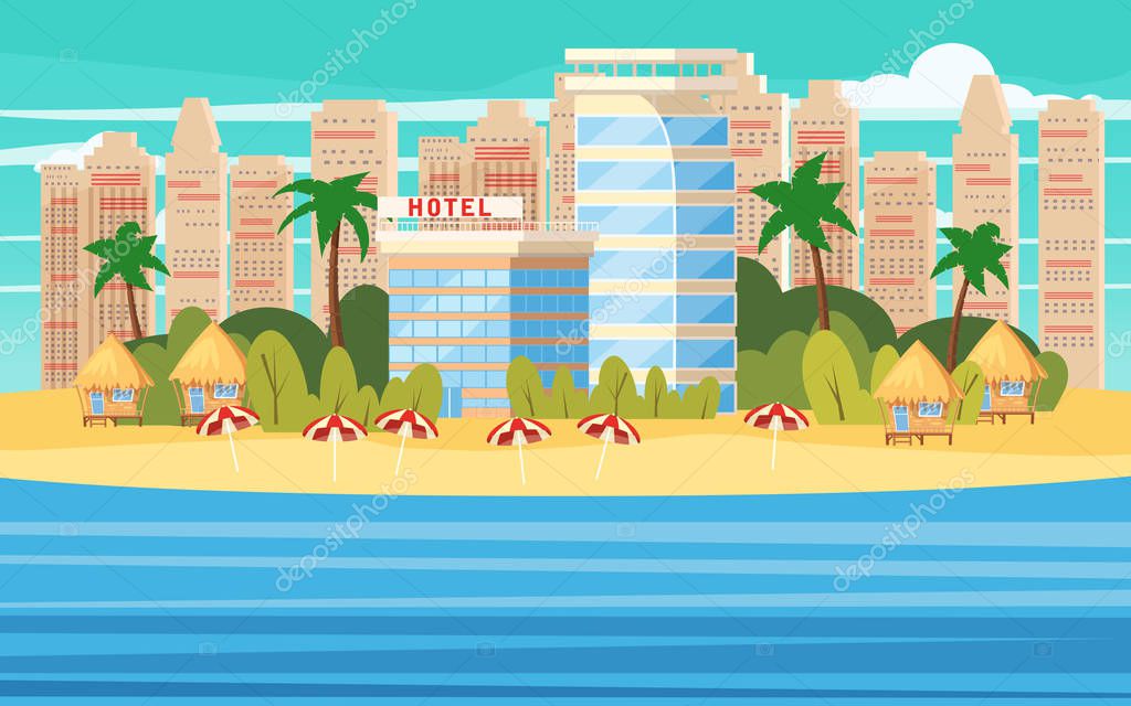Tropical island, building hotels, vacation, travel, relax seascape ocean beach chair umbrellas