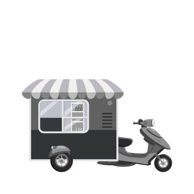 Scooter vektör marka ve reklam üzerinde beyaz izole için şablon. Yan görünümü malzeme, marka kimliği sokak kafe ve Fast-Food taşınması için Van ile. İzole, düz çizgi film tarzı