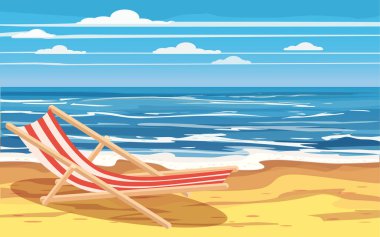 Tatil, seyahat, sakin ol, tropikal plaj, plaj sandalyesini, deniz manzarası, okyanus, şablon, afiş, reklam, vektör, illüstrasyon, izole, karikatür tarzı için