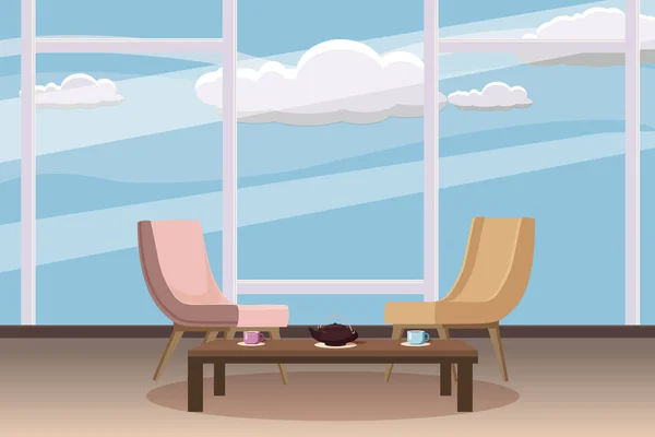 Sillas, mesa de té, muebles, ventana, tetera, tazas, plantilla para el interior, sala de estar, para la animación, vector, ilustración, aislado, estilo de dibujos animados — Archivo Imágenes Vectoriales