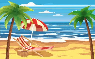 Tatil, seyahat, sakin ol, tropikal plaj, şemsiye, avuç içi, plaj sandalyesini, deniz manzarası, okyanus, şablon, afiş, reklam, vektör, illüstrasyon, izole, karikatür tarzı için
