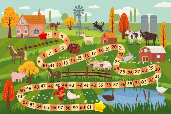 Farm animals board game, cow, bull, sheep, rooster, chicken, dog, cat, ram, goat, horse, duck, goose, turkey, farm buildings, rural landscape, breeding, vector, illustration, isolated, cartoon style — Stock Vector