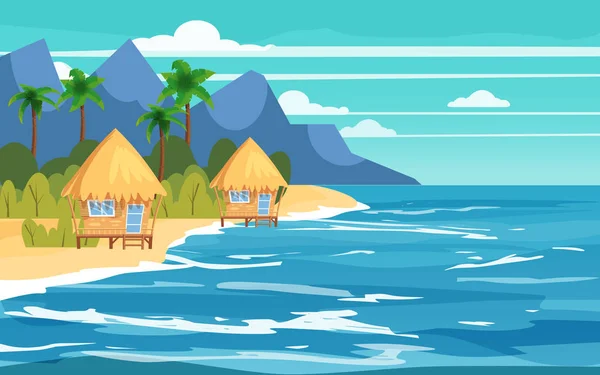 Isla tropical, bungalows, vacaciones, viajes, relajarse, paisaje marino, océano, plantilla, bandera, para publicidad, vector, ilustración, aislado, estilo de dibujos animados — Vector de stock