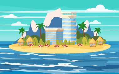 Tropik ada, Bina otel, tatil, seyahat, sakin ol, deniz manzarası, okyanus, plaj sandalyesini, şemsiye, şablon, afiş, reklam, vektör, illüstrasyon, izole, karikatür tarzı için