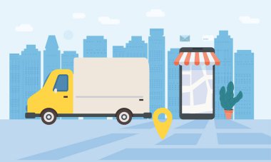 Online teslimat izleme online İzleyicisi malların. Smartphone, paket teslimat kamyonu, kronometre. Kavramı, fikir, vektör, resmi web siteleri, dükkanlar, animasyon, mobil uygulamalar, reklam için