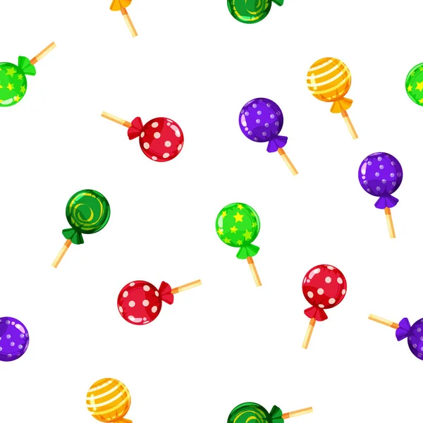 Modèle sans couture sucette de bonbons colorés, caramel sur bâton. Ornement mignon pour l'emballage, tissu, fond, bannière, affiche, vecteur, illustration, isolé, style dessin animé — Image vectorielle