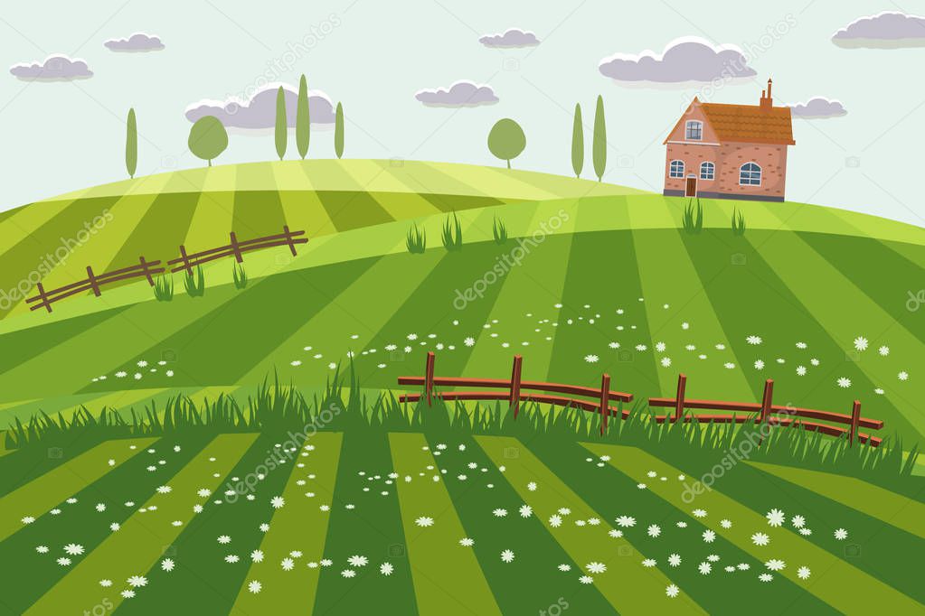 Rural countryside landscape, farmhouse, spring, summer, green meadows, fields, wildflowers, hills, trees on the horizon, fence, vector, illustration, isolated, cartoon style