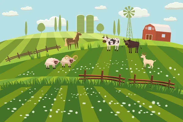 Rural countryside landscape, farmhouse, spring, summer, green meadows, fields, wildflowers, horse, cow, bull, sheep, ram, goat, hills, trees on the horizon, fence, vector, illustration, isolated — Stock Vector