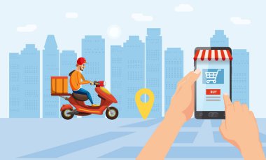 Online teslimat Servisi, online İzleyicisi İzleme. Bir el bir akıllı telefon tutar, bir sürücü, bir araba, bir paket teslim hizmeti ile bir çevrimiçi mağaza online, bir scooter mal satın alır. Internet teslimi, kavram