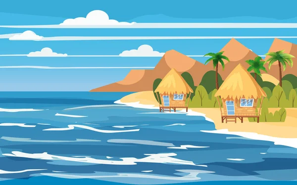 Isla tropical, bungalows, vacaciones, viajes, relajarse, paisaje marino, océano, plantilla, bandera, para publicidad, vector, ilustración, aislado, estilo de dibujos animados — Vector de stock