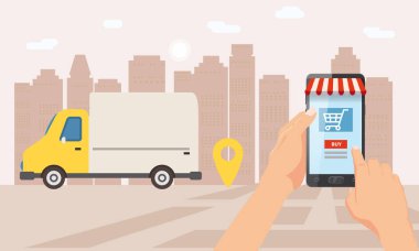 Online teslimat Servisi, online İzleyicisi İzleme. Bir ele sahip bir smartphone, kamyon, Araba, paket teslimat. Internet teslimi, kavram, fikir, vektör, Gösterim amacıyla web siteleri, mağazaları, animasyon