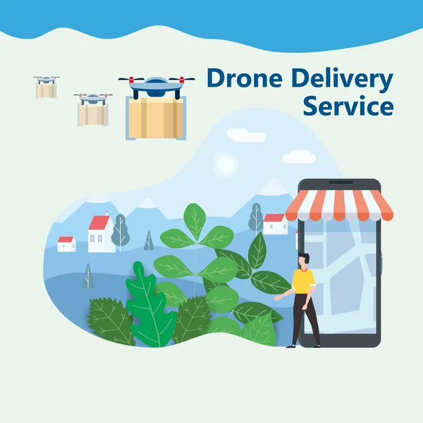 El concepto de entrega del dron vuela con el correo, la entrega de paquetes. Feliz comprador se encuentra con el avión no tripulado volador con el paquete. Diseño moderno, paisaje de fondo. Entrega en Internet, concepto, idea — Archivo Imágenes Vectoriales