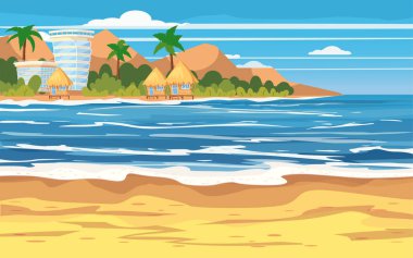 Tatil, seyahat, sakin ol, tropikal plaj, ada, Bina otel, bungalov, deniz manzarası, okyanus, şablon, afiş, reklam, vektör, illüstrasyon, izole, karikatür tarzı için