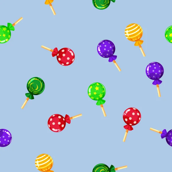 Seamless mönster färgade candy lollipop, karamell på pinne. Söt prydnad för förpackning, tyg, bakgrund, banderoll, affisch, vektor, illustration, isolerad, tecknad stil — Stock vektor