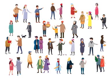 Küçük insanların, karakter, dış giyim, içinde kış giysileri giymiş büyük set yürür ve açık hava etkinlikleri gerçekleştirir. Birbirimize selamlıyorum, alışveriş yapmak, konuşmak. Telaş ve koşturma önce sokaklarda