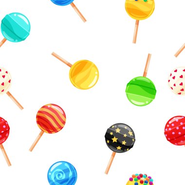 Dikişsiz desen renkli şeker lolipop, çubuğa karamel. Sevimli süsleme için ambalaj, kumaş, arka plan, afiş, poster, vektör, illüstrasyon, izole, karikatür tarzı