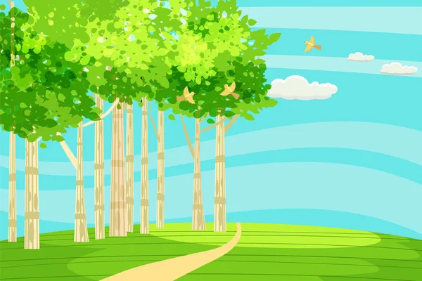Весняно-зелений пейзаж на краю лісу, пагорб. Шлях йде на відстань. Птахи співають. Блакитне небо. Яскраві соковиті кольори. Вектор, ілюстрація, ізольовані. Стиль мультфільму — Безкоштовне стокове фото