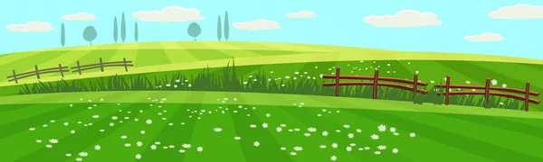 Venkova na jaře krajina krajina s polem farmy s zelená tráva, květiny, stromy. Zemědělské půdy. Venkovní vesnice scenérie, chov pozadí. Vektorové ilustrace. izolovaný. Kreslený styl — Stockový vektor