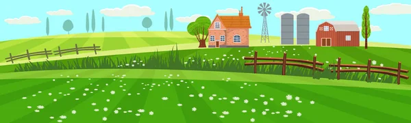 Vidéki tavaszi táj vidéki és mezőgazdasági területen a fű zöld, a virágok, a fák. Termőföld, ház, a szélmalom és a széna halom. Kültéri falu táj, gazdálkodás a háttérben. Vektoros illusztráció — Stock Vector
