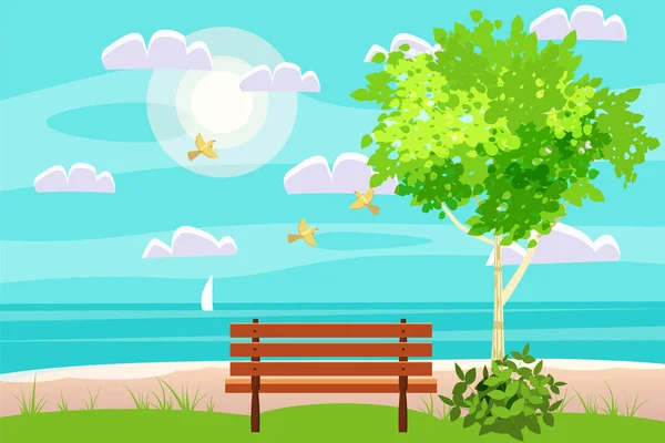 Spring landscape on seaside. ocean. Bench in outdoor. Birds singing. Blue sky. Bright juicy colors. Vector, illustration, isolated. Cartoon style