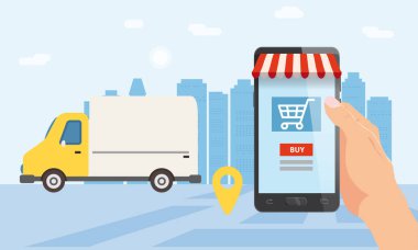 Online teslimat Servisi, online İzleyicisi İzleme. Bir ele sahip bir smartphone, kamyon, Araba, paket teslimat. Internet teslimi, kavram, fikir, vektör, Gösterim amacıyla web siteleri, mağazaları, animasyon