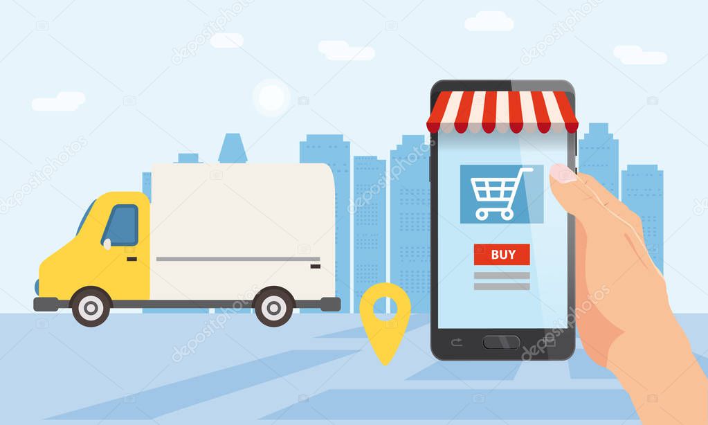 Online delivery service, tracking online tracker. A hand is holding a smartphone, truck, car, parcel delivery. Internet delivery, concept, idea, vector, illustration for web sites, stores, animation