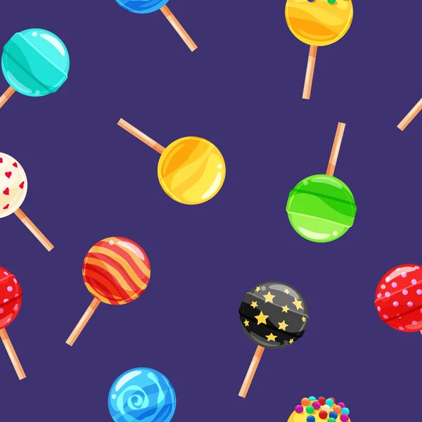 Χωρίς ραφή πρότυπο χρωματιστά candy lollipop, καραμέλας σε stick. Χαριτωμένο στολίδι για συσκευασία, ύφασμα, φόντο, banner, αφίσα, διάνυσμα, εικονογράφηση, απομονωμένες, καρτούν στυλ — Διανυσματικό Αρχείο