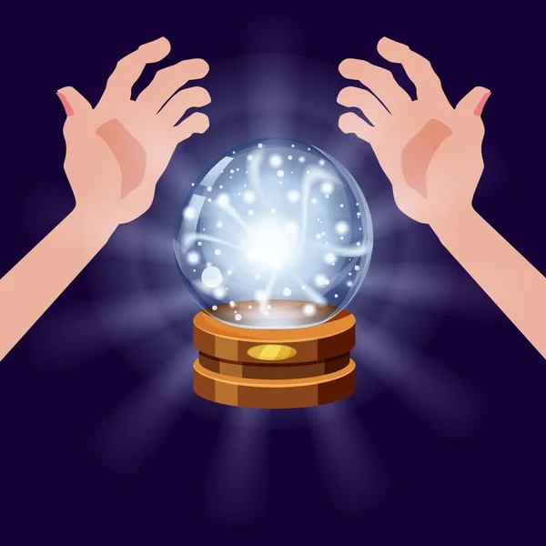 Magic crystal ball fortune, open hands, mistery, shining, magic, predictions, sphere, light effects, glow, vector, illustration, isolated, cartoon style — Stock Vector