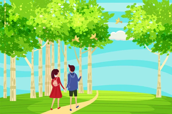 Spring landscape at the edge of the forest, a hill. A couple of characters in love goes down the path to the horizon. Birds singing. Blue sky. Bright juicy colors. Vector, illustration, isolated — Stock Vector