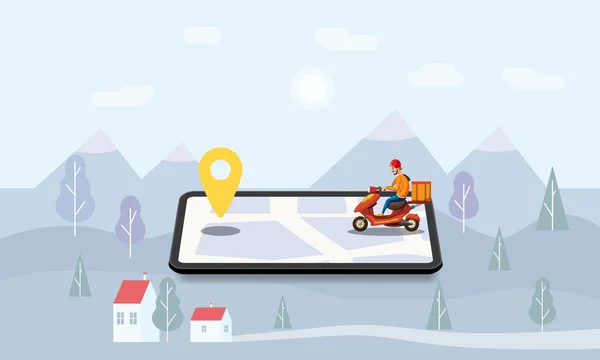 Concept Online verzendingsdienst, online tracker, bestemmingspagina bijhouden. Minimalistische landschap-achtergrond. Kleine mensen bromfiets met levering man, smartphone, isometrisch, pakket levering, stopwatch — Stockvector