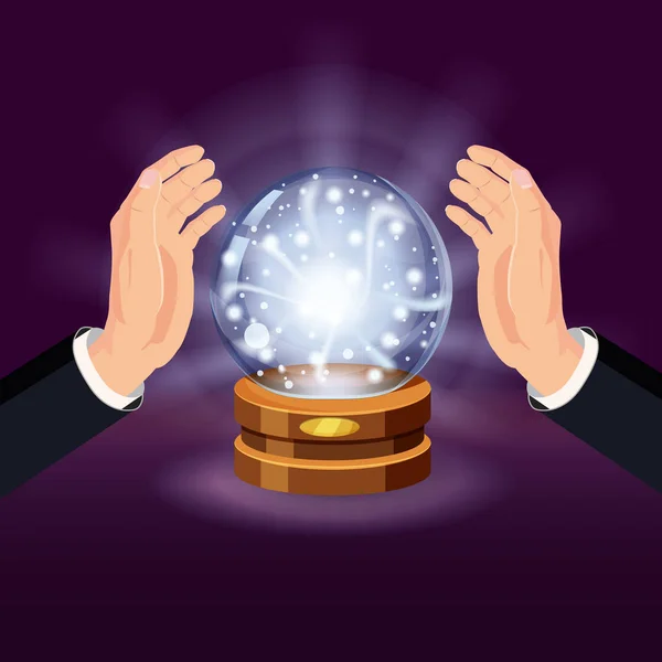 Magia bola de cristal fortuna, manos abiertas, misterio, brillo, magia, predicciones, esfera, efectos de luz, brillo, vector, ilustración, aislado, estilo de dibujos animados — Archivo Imágenes Vectoriales