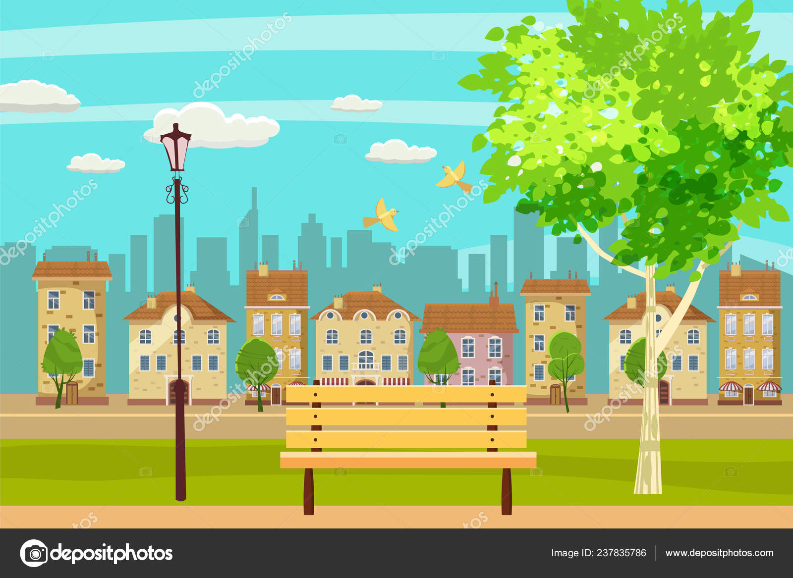 Spring landscape city park. Bench in outdoor. Birds singing. Blue sky.  Bright juicy colors. Vector, illustration, isolated. Cartoon style Stock  Vector Image by ©ValeriHadeev #237835786