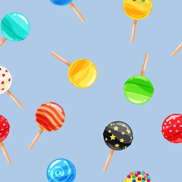 Naadloze patroon gekleurde snoep lollipop, karamel op stick. Schattig sieraad voor verpakking, stof, achtergrond, spandoek, poster, vector, illustratie, geïsoleerd, cartoon stijl — Stockvector