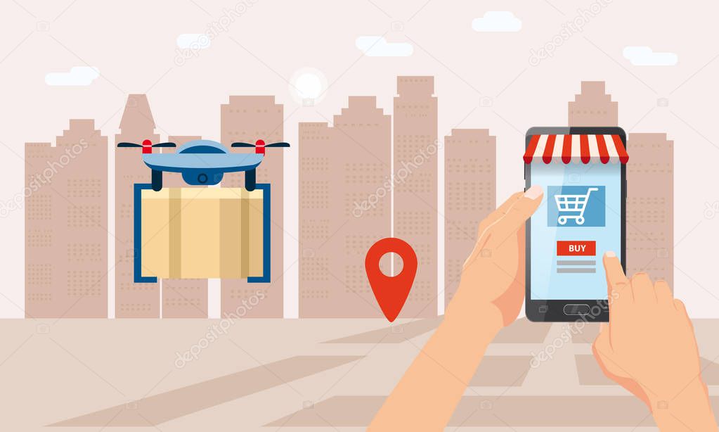 The concept of delivery of the drone flies with the mail, the delivery of parcels. A hand is holding a smartphone. Online delivery service, tracking online tracker. Internet delivery, concept, idea