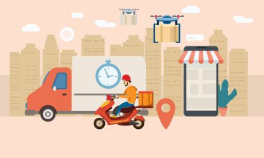 Kavram teslimat Servisi, iniş. Kamyon, scooter, dron, alıcı, smartphone için yolda gidiyor. Servisi, Internet teslimi, fikir, vektör, Gösterim amacıyla web siteleri, dükkanlar, animasyon