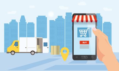 Online teslimat Servisi, online İzleyicisi İzleme. Bir ele sahip bir smartphone, kamyon, Araba, paket teslimat. Internet teslimi, kavram, fikir, vektör, Gösterim amacıyla web siteleri, mağazaları, animasyon