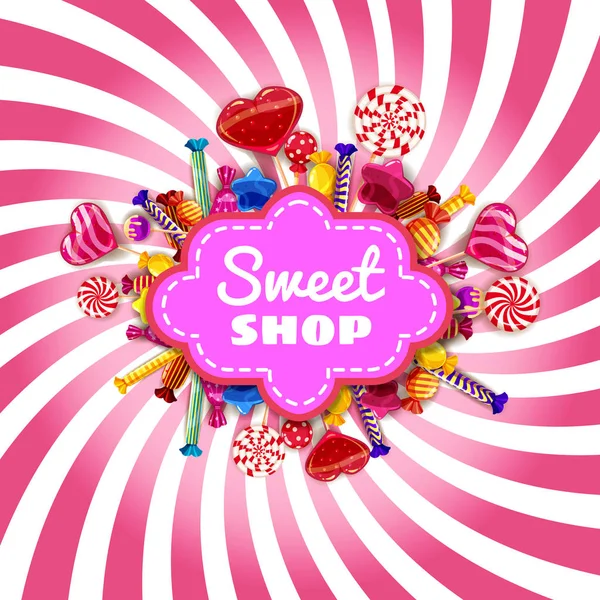 Candy shop marco plantilla fondo con conjunto de diferentes colores de dulces, dulces, dulces, dulces de chocolate, frijoles jalea, piruletas de frutas con chispas, espiral dulces de colores. Rayas espirales, vector — Vector de stock